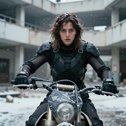 cinestill 5 0 d candid photographic portrait by helen levitt of dichen lachman wearing rugged black mesh techwear on a dirtbike through an abandoned mall, extreme closeup, modern cyberpunk moody emotional cinematic, snow storm, 8 k, hd, high resolution, 3 5 mm, f / 3 2, ultra realistic faces, ex machina