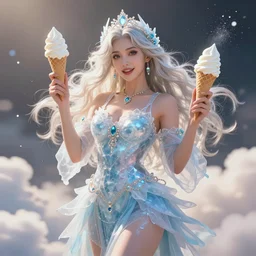 a beautiful female goddess of ice creams character, character is in all its glory, character is centered on the image, character is in her natural relaxed pose, rim lights, particles and dust in the air, fancy clouds, highly detailed professional photo, dynamic lights, particles are flying, depth of field, trending on artstation, illustration, hyper realistic, vray caustics, super detailed, colorful accents, cinematic shot