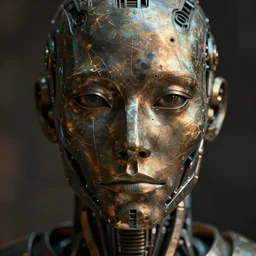 an intricate, detailed face of a robot, metal skin with some scratches, dramatic lighting, sci-fi, 50mm lens, DOF, art nouveau, by John Berkey
