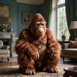 photo of sasquatch sitting in elegant, sophisticated living room natural lights home interior blue, green brown colors cozy