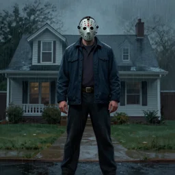 jason voorhees standing in front of a house on a rainy day, a digital rendering by gregory crewdson, trending on cgsociety, american scene painting, ominous vibe, matte drawing, atmospheric