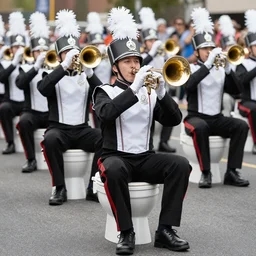 marching-band-sitting-on-toilets, parade, daytime, outdoors, photorealistic, real life, 4K, high detail