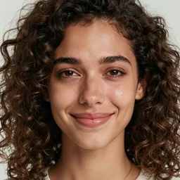 portrait photo of a beautiful happy woman crying with curly hair, close - up shot, symmetrical face, facing the camera, symmetrical detailed defined eyes, sad smile, one long tear below the left eye