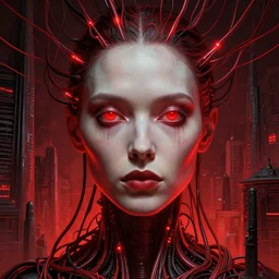 Portrait Masterpiece, Woman's face, h.r. giger city, red, glowing, wires everywhere, by Edgar Maxence and Ross Tran, Zdzisław Beksiński, and Michael Whelan, distant, gustav dore, H.R. Giger, 8k, octane render