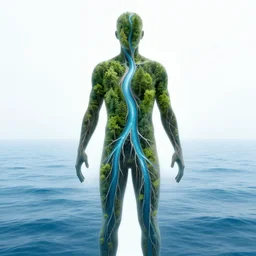 human with the sea and the forest inside, veins diverge through the body like rivers filmed on a satellite, a person is decorated with wild berries, a beautiful bird is looking at him next, colorful picture
