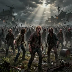 zombie horde apocalypse by, rutkowski, rossier, landis, cinematic, detailed, photorealistic, artstation, epic, stylized