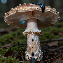 black liquid dripping from an huge mushroom having bioluminescent spore