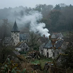 abandoned medieval village, woods, cinematic, foggy, smoke, 3 5 mm lens, shot on arri alexa