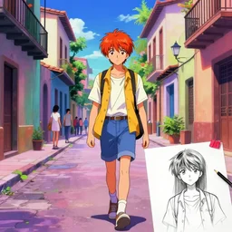 man walking streets of quarter latin, sprite, vaporwave nostalgia, directed by beat takeshi, visual novel cg, 8 0 s anime vibe, kimagure orange road, maison ikkoku, sketch by hilma af klint