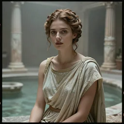 cinestill 5 0 d portrait of a beautiful woman by annie liebovitz, sitting in a hyper detailed ancient roman therme, pale dramatic tonal matt, hair intricate style, wearing are intricate ancient roman dress, elegant, highly detailed, soft foggy blur, artstation, sharp focus, head in focus,