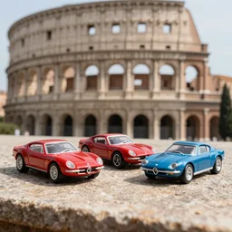 3 5 mm photo of pininfarina car like hot wheels model, rome background, epic cinematic