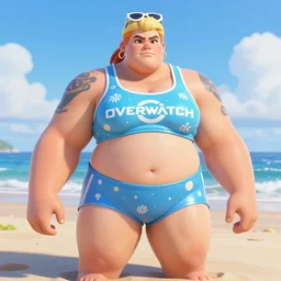 thick strong zarya from overwatch wearing a her promotional summer skin, robust body, centered, reflections, by ayami kojima, greg staples, pino daeni, highly detailed, hd, sharp focus, beach