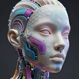 a melancholic realistic 8k Sculpture of a complex robotic human face, liquid simulation, bright psychedelic colors, dramatic lighting, hexagonal mesh wire, filigree intricate details, cinematic, fleshy musculature, white blossoms, elegant, 50mm lens, DOF, octane render, art nouveau, 8k post-processing, intricate art by Frank Lloyd Wright
