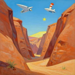 A desert canyon landscape in the style of Dr. Seuss, starships, painting by Raphael Lacoste