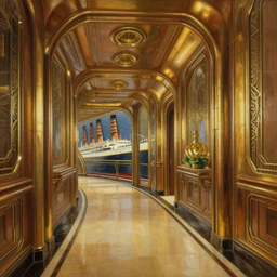 a hallway in the atlantis paradise, a retro futuristic spaceship made of brass bronze gold, art deco influence, hotel style design. bioshock, starship titanic. clean, well composed painting by artgerm and greg rutkowski