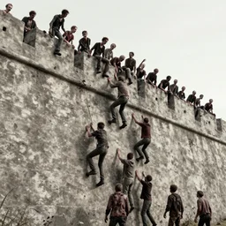 a dream of a zombie horde scaling a giant wall in the movie world war z with a helicopter in the sky by gustave dore