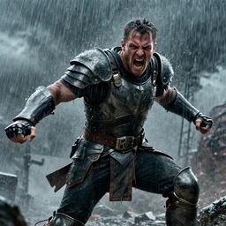 cinematic action still of Alex Jones in armor going berserk in battle, raining and storming by Greg Rutkowski, 4k, masterpiece