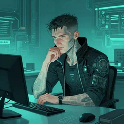 cyberpunk man, thinking at his office desk, beautiful, detailed portrait, intricate complexity, ilya kuvshinov, cell shaded, 4 k, concept art, teal, by wlop, ilya kuvshinov, greg rutkowski