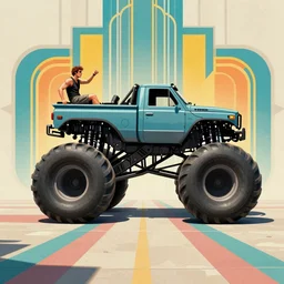 A monster truck runs over a man, Art Deco style, geometry