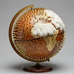 realistic photo of a globe made of wood and covered with brass spikes, with patches of white fur, front view 2 0 0 0, life magazine photo, museum archival photo