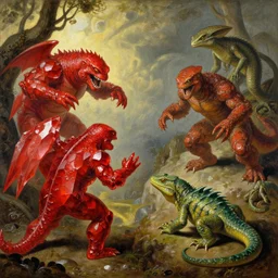 battle between red crystal monsters and lizard aliens, painted by Jan Matejko