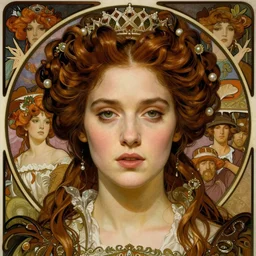 realistic detailed face portrait of Natalie Dormer as young Queen Elizabeth Tudor by Alphonse Mucha, Ayami Kojima, Amano, Charlie Bowater, Karol Bak, Greg Hildebrandt, Jean Delville, and Mark Brooks, Art Nouveau, Neo-Gothic, gothic, rich deep moody colors