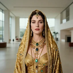 a portrait of a woman who has lived in luxury, is draped in jewels and gold, has a large expansive modern interior behind them as a background, portrait in the style of Diane Arbus