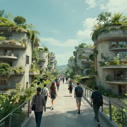 a cinematic wideangle photograph of people walking through a utopian city walkway on top of buildings, green plants, blue sky