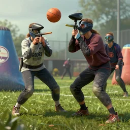 a new sport has been invented, it is a cross between paint ball and basketball, digital art by mandy jurgens and irena french, heraldo ortega, hyperdetailed, artstation, cgsociety.