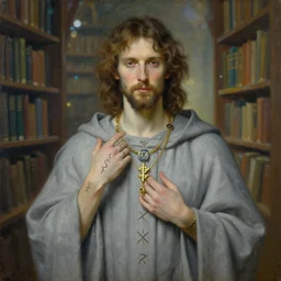 portrait of david usher in gray robes, runes, jewelry, mystical, ethereal, magical library bokeh, painting by greg rutkowski and alphonse mucha