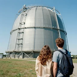 a young couple admiring a nuclear sci - fi containment building by a. j. casson