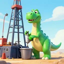 tim allen milking a cartoon dinosaur on an oil rig