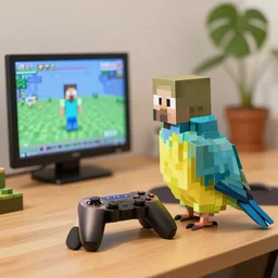 this tiny bird's hobby is playing video games. it likes playing minecraft on weekends. homework first though!