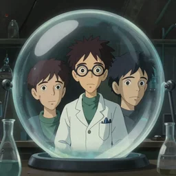 a very dull interior shot still of an old nerdy skinny scientist in a cubic bubble alone in his lab. close up on the faces, perfect art, grimdark, trending on pixiv fanbox, painted by studio ghibli