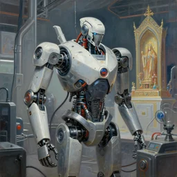 painting of the ai robotic core, factory machines, cybernetic shrine, robot religion, realistic shaded lighting, magali villeneuve, artgerm, rutkowski