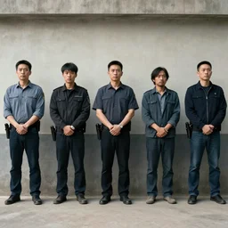 suspects lineup in front of wall, identify suspects