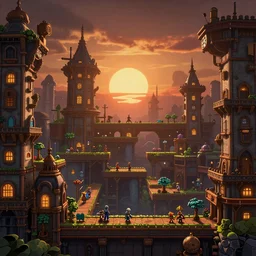 A fantastical underground steampunk village with towering buildings, side-scrolling 2d platformer game level, dramatic dusk sun illuminates areas, volumetric light , detailed, rich color, upscale , 8k