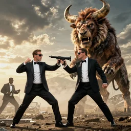 award winning men in black fighting a giant minotaur