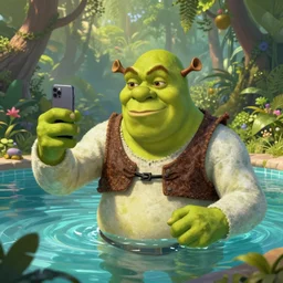 shrek taking a selfie in a swimming pool in the middle of the jungle, highly detailed, digital painting, artstation, concept art
