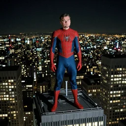 Leonardo DiCaprio wearing a spider-man suit on the top of the world trade center, 1990's, night time.
