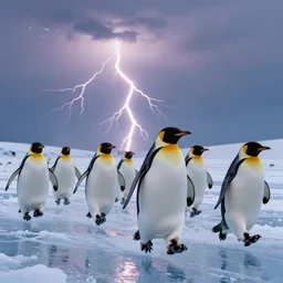 penguins running away from lightening strikes while running on ice,, highly detailed, high quality, 8 k, soft lighting, art by mary jackson