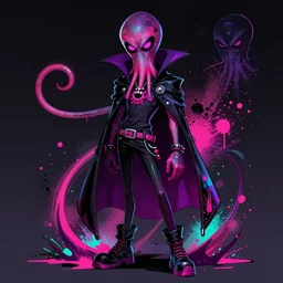 character sheets for a new sinister shadowy vampire squid character, artwork in the style of splatoon from nintendo, art by tim schafer from double fine studios, black light, neon, spray paint, punk outfit, tall thin frame, adult character, fully clothed, vampire, spray paint, colorful, jaw breaker color, neon pink, flecks of paint, pop art, official art