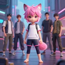 a beautiful portrait of a cute anime boy with pink hair and pink wolf ears barefoot wearing sport clothing and leggings under shorts in cyberpunk city. character design by cory loftis, fenghua zhong, ryohei hase, ismail inceoglu and ruan jia. artstation, volumetric light, detailed, photorealistic, fantasy, rendered in octane