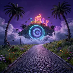 neon light, curled perspective digital art of spiral clouds cobblestone street with wildflowers to a casino in top of a hill with curly palmtrees by anton fadeev from nightmare before christmas