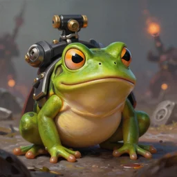 portrait of a cute frog from warhammer 4 0 k, angry, battlefield, bokeh, painting by greg rutkowski