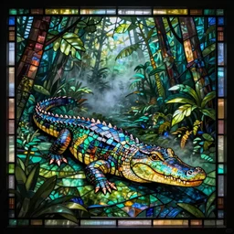 neon glowing alligator in a foggy jungle stained glass by magali villeneuve