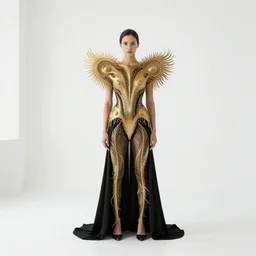 High quality photo of a white room. Female standing still Staring To A Camera, dressed in a golden and black surreal Avant grade outfit inspired by Ernst Haeckel. Strong focal point in the center. close up photo. Sigma ART 105mm F2.8. hyper realistic vfx simulation. 300ppi image. uncompressed raw image. 717gigapixel image. Fashion ad