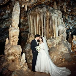 a vintage photo of a wedding inside a cave filled with stalactites and stalagmites