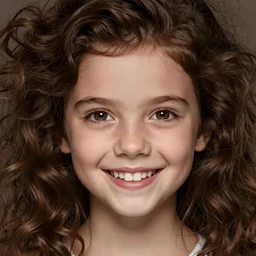 symmetry!! portrait of smiling 1 5 - year - old girl with voluminous bushy brown hair, large front teeth, and bright piercing brown eyes, hyper realistic face, beautiful eyes, fantasy art, in the style of greg rutkowski, intricate, hyper detailed, smooth