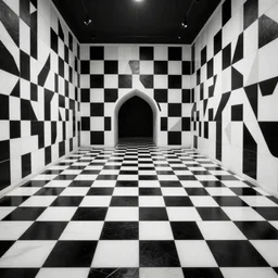 shiny black and whit checker floor interior in the style of escher!!!!!!